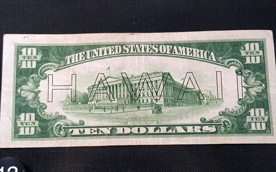 In early 1942 the U.S. government mandated that all paper money in Hawaii be turned in and replaced with overprinted "Hawaii" notes, such as this $10 bill. The intention was to be able to distinguish currency captured by Japanese forces in a possible invasion of Hawaii, making them useless elsewhere.