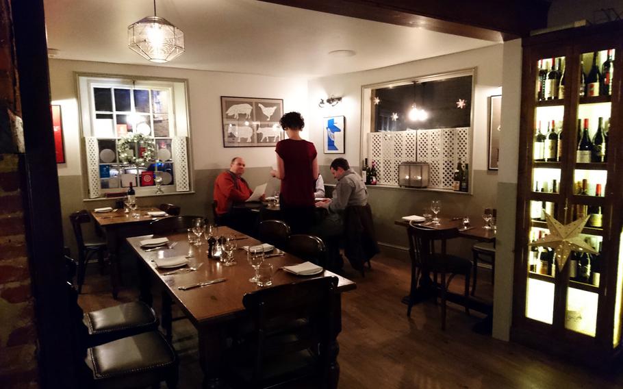 The dining area of the Pea Porridge in Bury St. Edmunds, England, has a homey feel. Outstanding food at a reasonable price has earned it a Michelin Bib Gourmand award.
