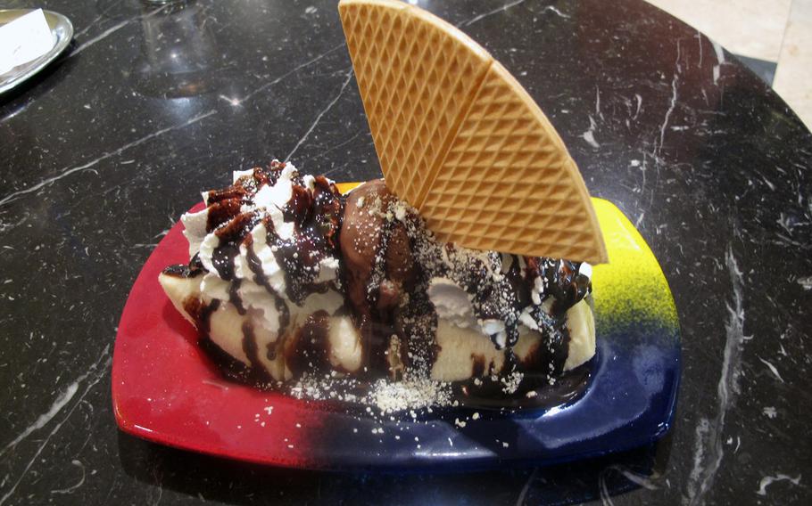A banana split is served at Eiscafe Dolomiten in Kaiserslautern, Germany. The split is a highlight of a diverse menu that includes sundaes, hot and cold coffees, pies and hot waffles.