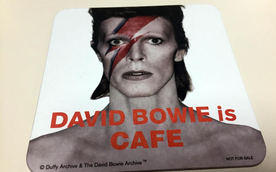 A David Bowie drink coaster from a cafe inside the "DAVID BOWIE is" exhibit in Shinagawa, Tokyo. The cafe serves coffee, wine, beer and snacks.