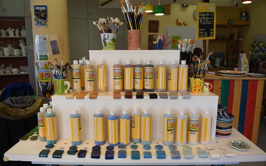 Mal-Werk offers a variety of paint colors, paint brushes, stencils and other tools for decorating ceramics. The cost of pieces includes the paint and firing in the shop's kiln.