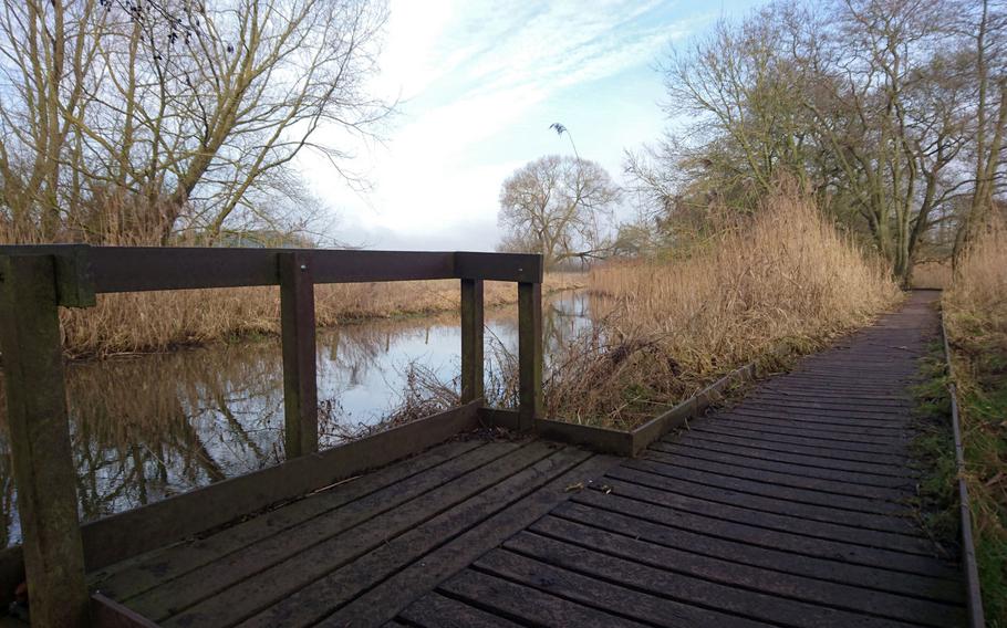 A wooden path near a creek along Peddars Way in Suffolk, England, Feb. 6, 2017. The trailhead begins at the Knettishall Heath Country Park located four miles east of Thetford.