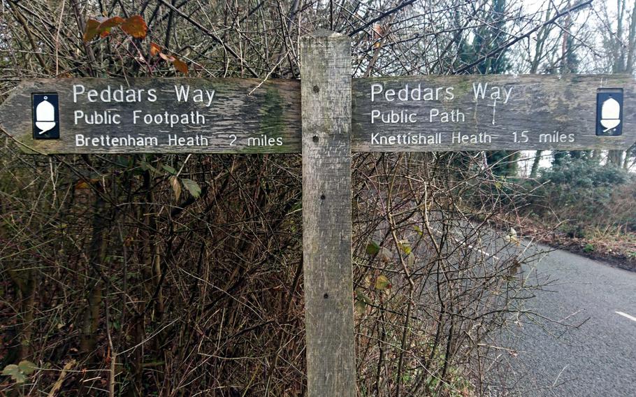 A wooden sign providing directions for the Peddars Way trail in Suffolk, England, Feb. 6, 2017. The route follows an ancient Roman road through 46 miles of varied but generally flat English countryside to the Norfolk coastline.
