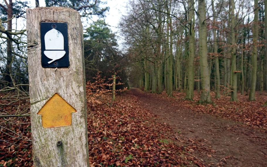 A trail maker for Peddars Way in Suffolk, England, Feb. 6, 2017. Every National Trail is marked with the distinctive ?acorn? symbol.