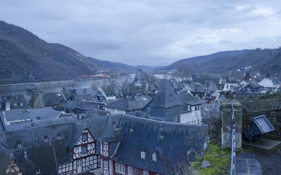 A view of the town of Bacharach, Germany, and the nearby Rhine River and Gorge. The first historic mention of Bacharach dates from the early Middle Ages.