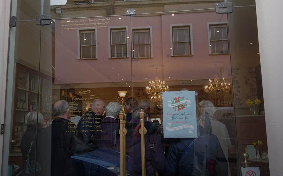 The entrance of Harriets Cafe Tearooms in Bury St. Edmunds, Suffolk, England. The tearooms are located in Bury St. Edmunds, Cambridge and Norwich city centers. 