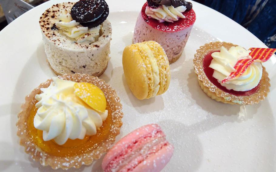 An assortment of desserts from an order of special afternoon tea at Harriets Cafe Tearooms in Bury St. Edmunds, Suffolk, England. 