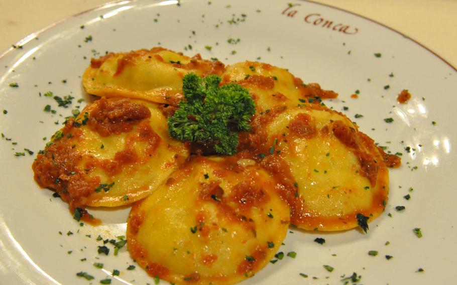 Scallop-shaped pasta stuffed with shrimp and topped with a tomato sauce was a first-course option during a recent visit to La Conca.