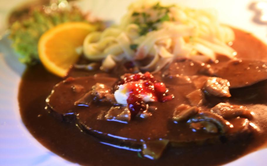 The venison in gravy at Restaurant Boehm, in Grafenwoehr, Germany, is served with freshly made noodles.