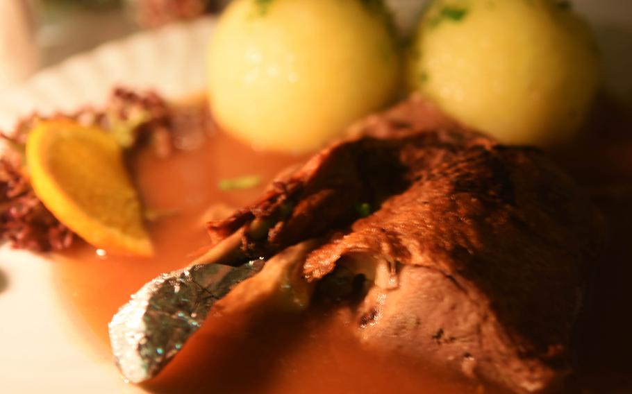 Restaurant Boehm in Grafenwoehr Germany, specializes in locally sourced, traditional Bavarian dishes, such as this roasted duck with fist-size dumplings.