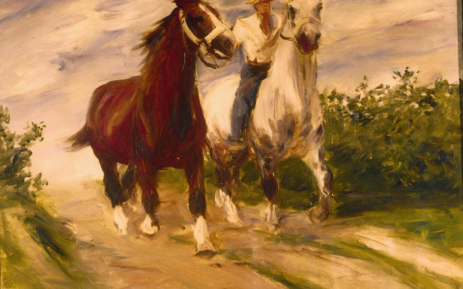 The oil painting "Zwei Arbeitspferde mit Reiter," or "Two Workhorses with Rider," was produced in 1935 by prominent German painter Otto Dill. A collection of his work is displayed at the Otto Dill Museum in his hometown of Neustadt an der Weinstrasse, Germany.