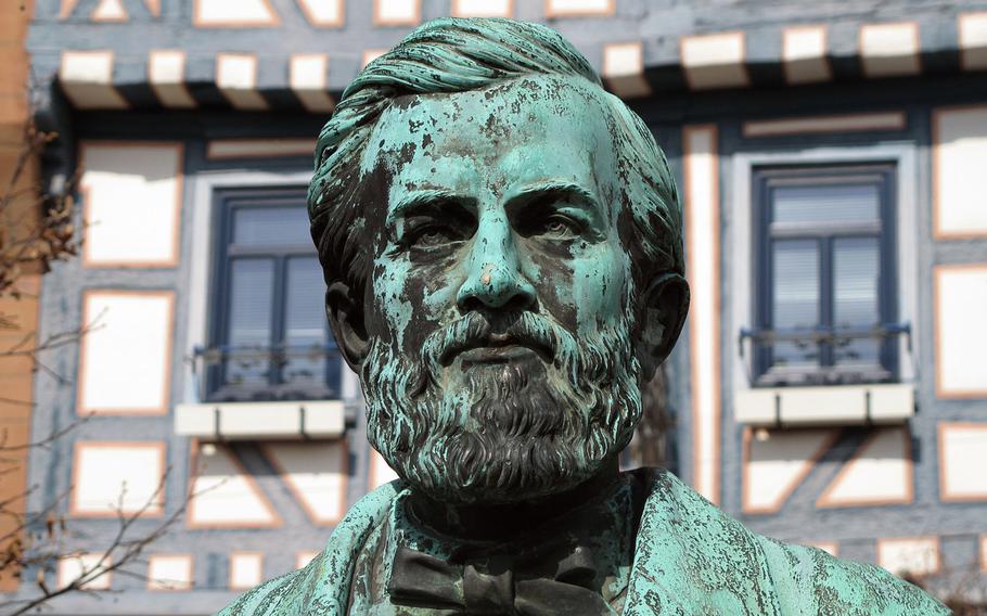 The bronze bust of Philipp Reis stands on Gelnhausen, Germany's Untermarkt. Considered by many to be the inventor of the telephone, he was born in Gelnhausen in 1834.
