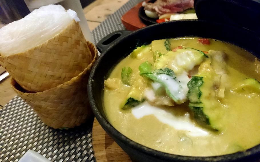 The Thai green curry dinner dish from the Giggling Squid restaurant in Bury St. Edmunds, Suffolk, Tuesday, May 2, 2017. Green curry is a Central Thai variety of curry.