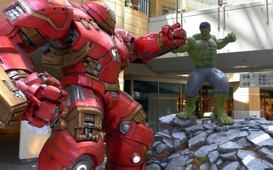 Iron Man and The Hulk battle during the Marvel Age of Heroes exhibit underway at Roppongi Hills Mori Tower in Tokyo.