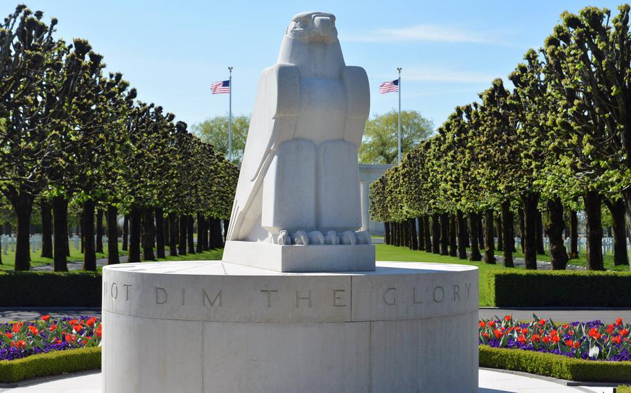 An American eagle is the centerpiece of the  St. Mihiel American Cemetery. The burial area is divided by trees and paths into four equal plots. Inscribed are the words of Gen. John Pershing: ''Time will not dim the glory of their deeds.''