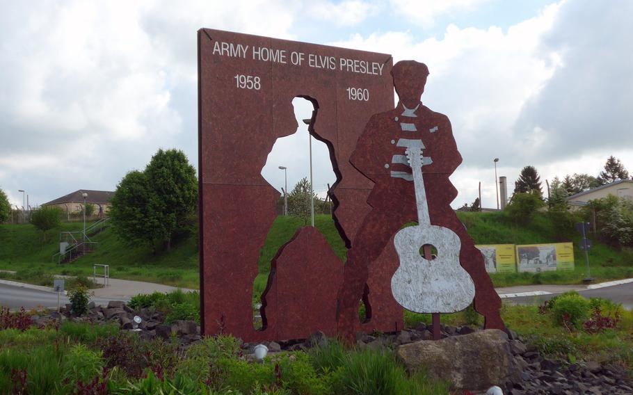 This statue of Elvis Presley stand in the middle of a traffic circle across from where the main gate to Ray Barracks in Friedberg, Germany, was during his time in the service there from 1958 to 1960.