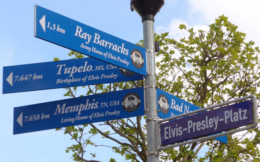 Signs on Elvis-Presley-Platz in Friedberg, Germany, points to places important in his life, Tupelo, Miss., Memphis, Tenn. Bad Nauheim, Germany, and Ray Barracks in Friedberg. Elvis was stationed at Ray Barracks from 1958 to 1960 and lived in Bad Nauheim.