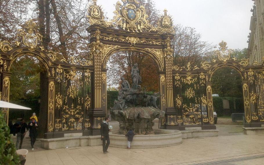 One of the ornate, guilded gates to Nancy's Place Stanislas, named after the dethroned last king of Poland Stansilas Lesczynski, and the centerpiece of this city in north-eastern France.