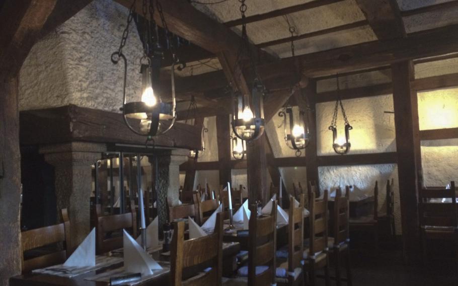 The indoor seating at Weber's Wikinger in Wiesbaden offers a warm and cozy location for the cold winter months, decorated in traditional German style.