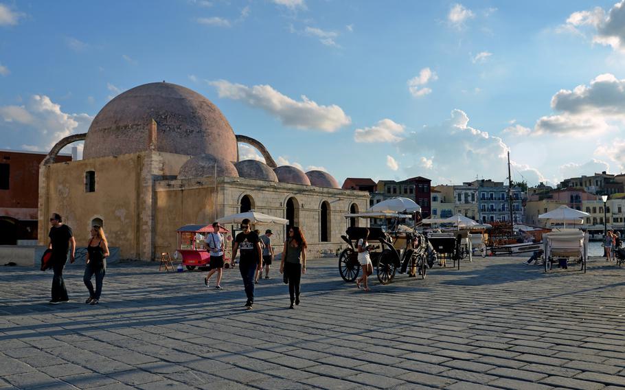 The Hasan Pasha Mosque on Chania, Crete's Old Harbor. It dates back to the second half of the 17th century and is now used for exhibitions.