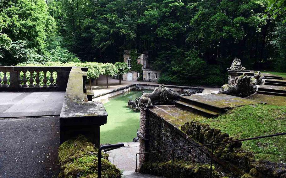 A path leading down to a reflecting pool, surrounded by forest, at the Bayreuth Hermitage.