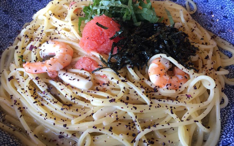 Mentaiko pasta with spicy cod roe with shrimp, mushroom and herbs from Yomenya Goemon, a popular pasta restaurant with nearly 200 locations across Japan.