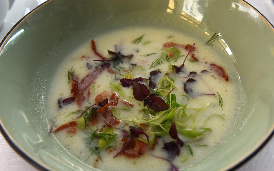A bowl of white asparagus soup choke-full of bacon and greens - and served cold - was a refreshing appetizer for lunch on a recent hot day at Italiano Sapori Veri in Kaiserslautern, Germany.