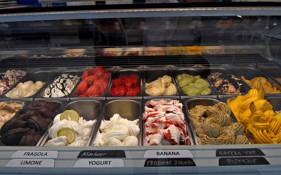 A selection of tantalilzing gelato flavors sits on the other side of the "to go'' ice cream window at Italiano Sapori Veri in Kaiserslautern, Germany.