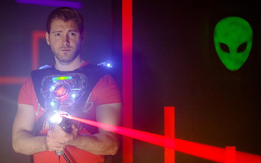 A serious laser tag player takes aim at Laserforce in Kaiserslautern.