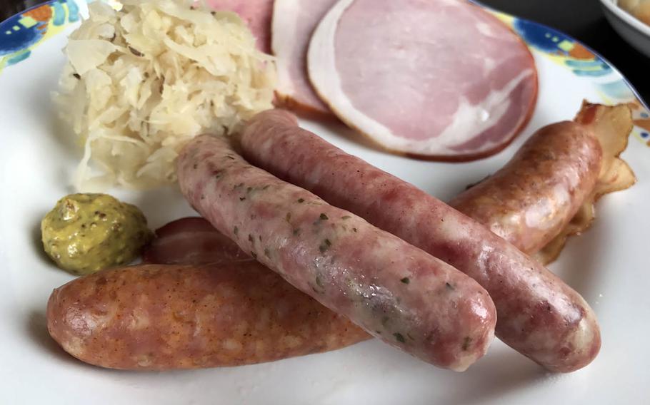 The sausage lunch set at Stuben Ohtama near Yokota Air Base, Japan, comes with three kinds of sausages, ham and bacon that are made right next door to the restaurant.