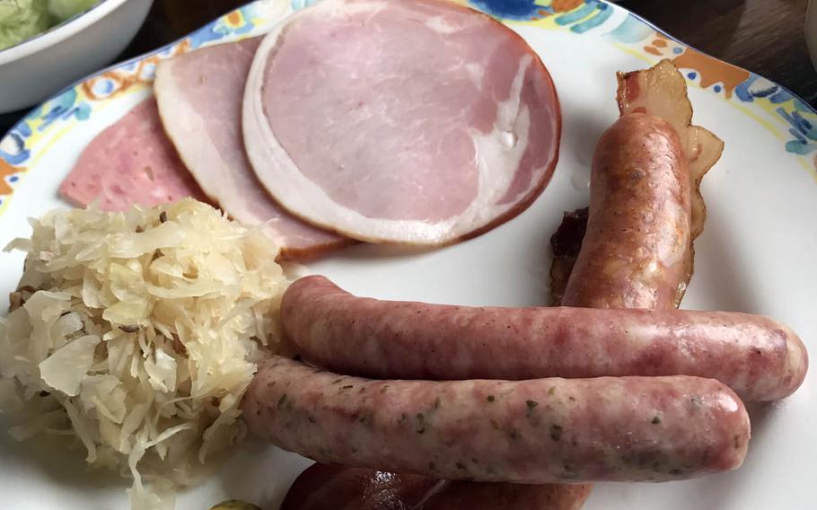 The sausage lunch set at Stuben Ohtama near Yokota Air Base, Japan, comes with three kinds of sausages, ham and bacon that are made right next door to the restaurant.