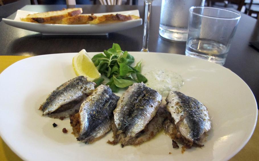 Among several appetizers on offer at Il Molo restaurant in Vicenza, Italy, on a recent visit were sardines stuffed with pine nuts, raisins, orange and bay leaves.