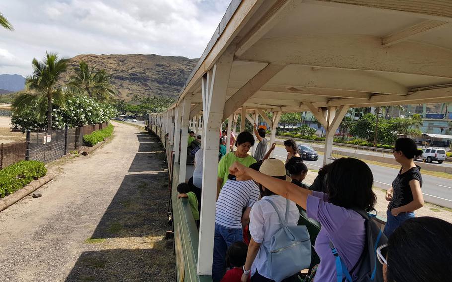 The Hawaiian Railway train careens down the western coast of Oahu at its top speed of 15 mph.