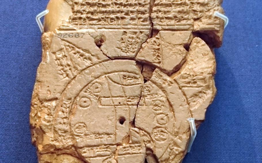 A Babylonian tablet from 700-500 BC showing a map of the world at the British Museum in London, England.