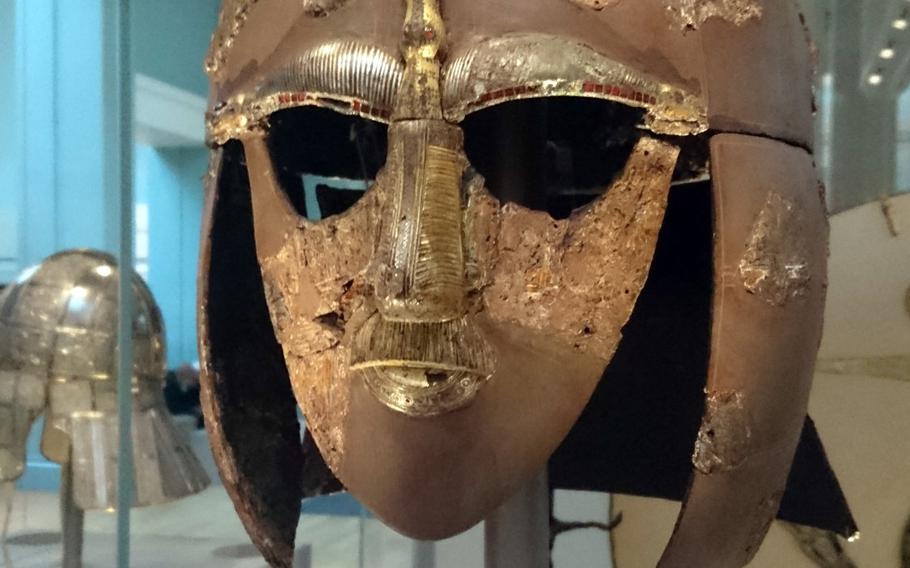 The Sutton Hoo helmet at the British Museum. It's one of just four complete helmets to survive from Anglo-Saxon England.
