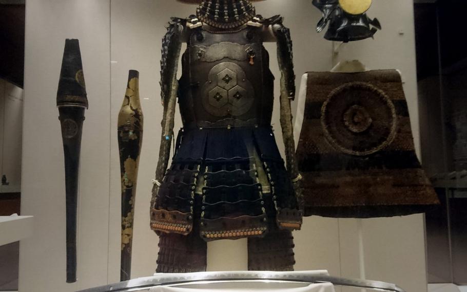 A collection of Japanese samurai armor and weapons from between 1500 and 1800 at the British Museum in London. Thick bulletproof breastplates were added to samurai armor when the Portuguese introduced guns to Japan.
