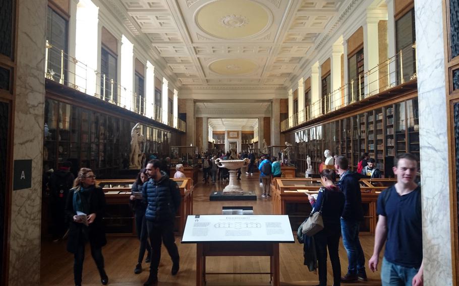 A view from the entrance into the Room of Enlightenment at the British Museum. Housed in the former home of the library of King George III, the permanent exhibition reflects the Age of Reason, a period that lasted from about 1680 to 1820.