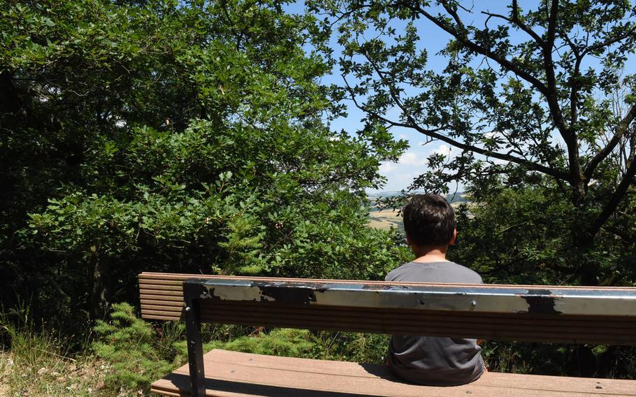 A bench along a trail in the forest above Wolfstein, Germany, offered a bird's-eye view of the countryside below.