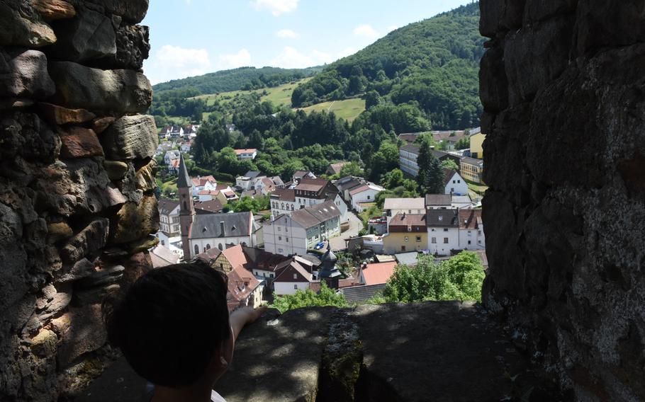 Wolfstein, Germany, spreads out below the Neuwolfstein castle ruins, offering up a nice place to stop for a short rest while hiking in the steep forested hills above the town.