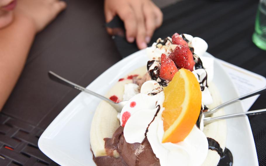 A banana split was the reward for completing a 6-mile hike near Wolfstein, Germany, on a hot summer day.