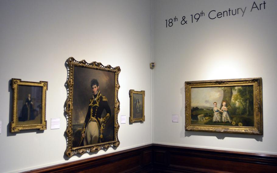 European paintings displayed inside the 18th- and 19th- century art gallery at the Birmingham Museum and Art Gallery in Birmingham, England. The museum houses paintings and sculptures from the 14th to the 21st century.