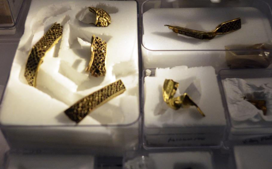 Treasure from the Staffordshire Hoard displayed at the Birmingham Museum and Art Gallery in Birmingham, England. It's the largest hoard of Anglo-Saxon gold and silver ever discovered.
