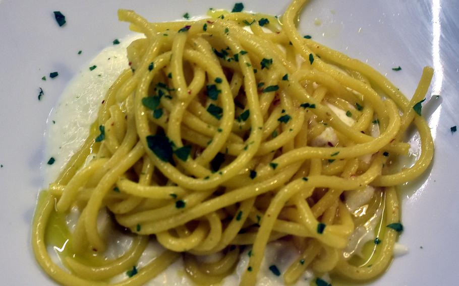 This first-course option at Ristorante Cial de Brent featured bigoli pasta over a cream sauce.