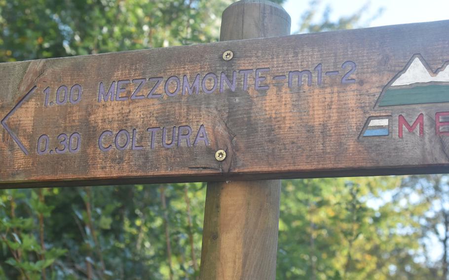 This sign marks the start of the trail from Gorgazzo to Mezzomonte. If you're not in top shape, count on about two hours to get up the trail and an hour or so back.