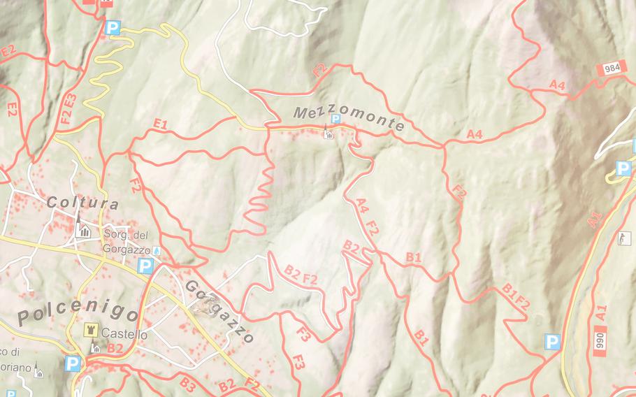 This map features various trails in the Dolomites not far from Aviano, Italy. A trail linking Gorgazzo to Mezzomonte is one of the shortest routes and decent choice for beginning hikers.