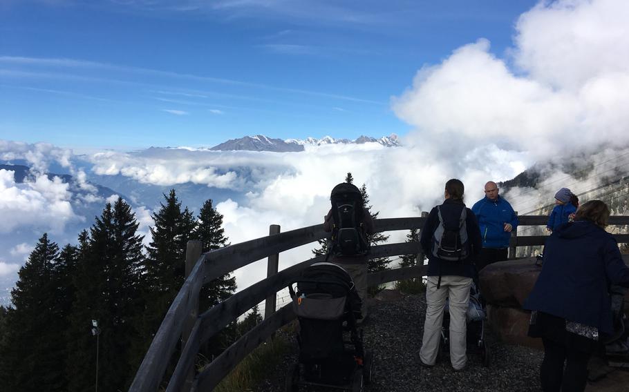 A mountainside view of the surrounding range in Merano, an Italian city in south Tyrol. The area is popular for hiking and, in the winter, skiing.