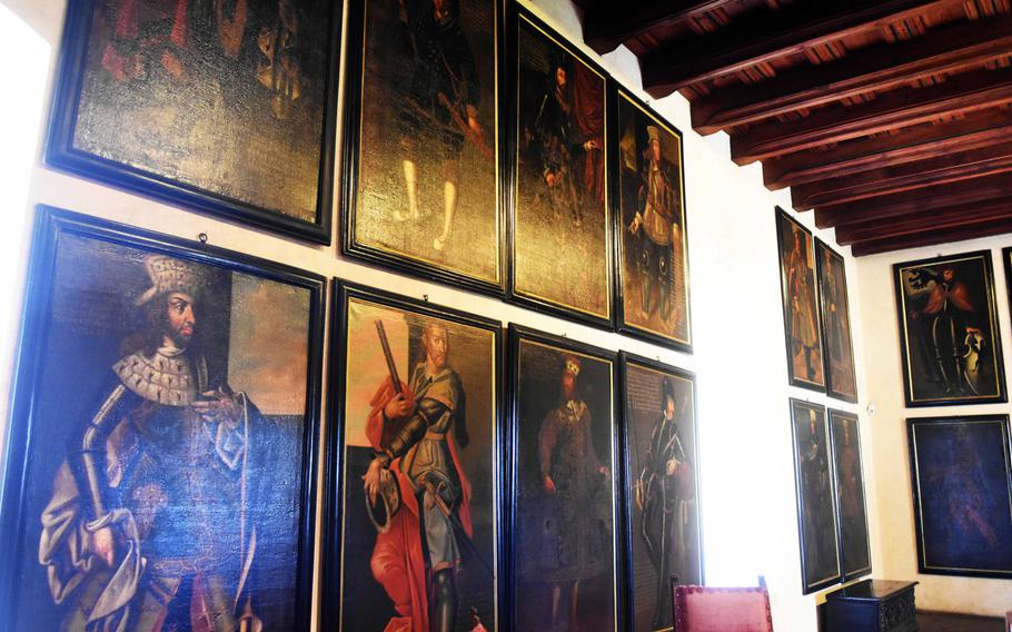 Large paintings of the ancestors of Holy Roman Emperor Charles IV hang from the walls in the Karlstejn Castle in the Czech Republic.