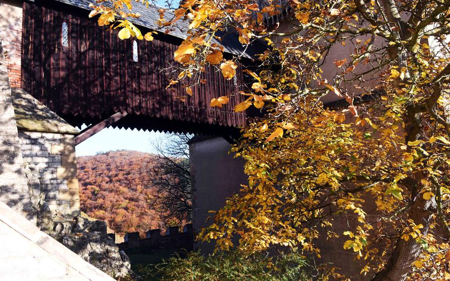 A wooden bridge connects two towers of  Karlstejn Castle in the Czech Republic.