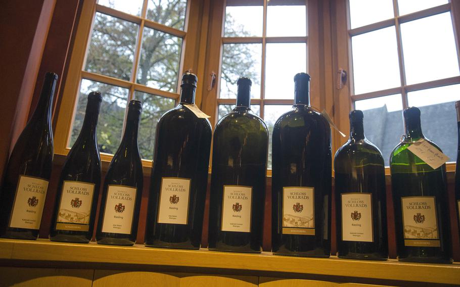 A display of Schloss Vollrads wines on display at the palace complex's modern wine-tasting pavilion. The palace in the town of Oestrich-Winkel near Wiesbaden has been producing wine for more than 800 years.