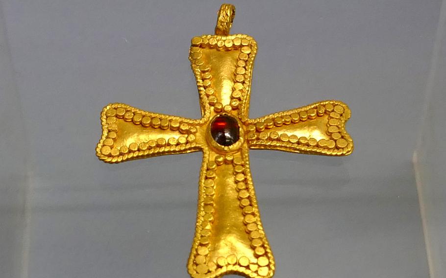 This gold pectoral cross from the 7th to 10 century is on display at the Archaeological Museum in Frankfurt, Germany. The museum's displays range from prehistory to the Early Middle Ages.